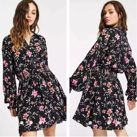 Free People Lighten Up Floral Long Sleeve Black Mini Dress Size Medium - Picture 12 of 12
